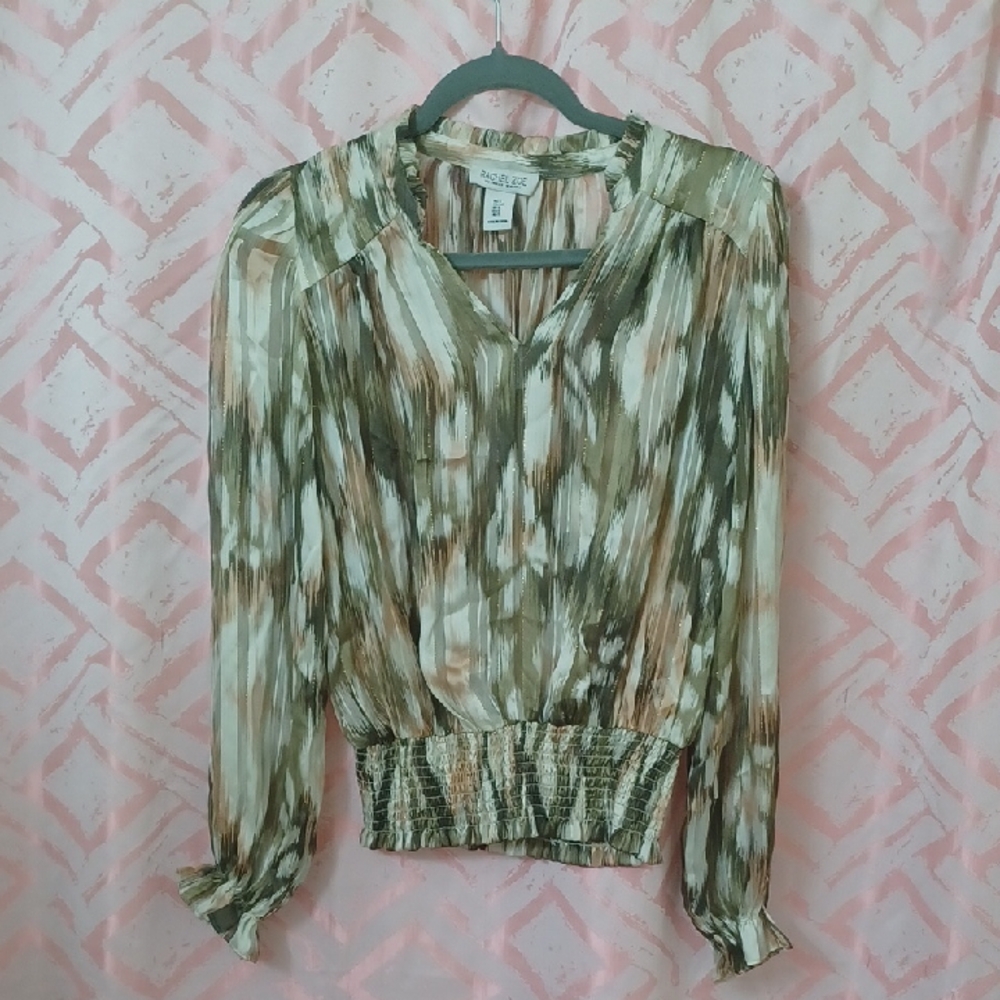 New York & Company Green and Brown Patterned Blouse